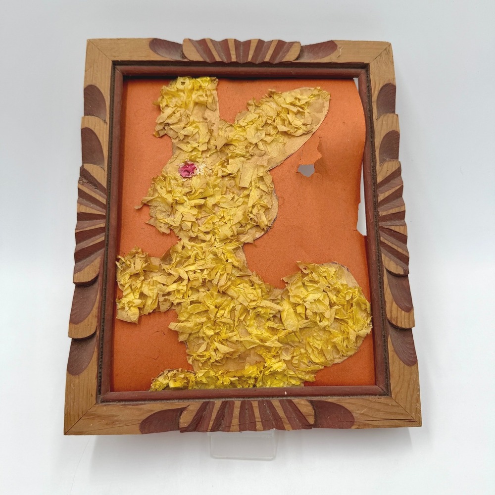 Vintage Carved Wood Frame 10x8 NO GLASS Folk Art Tissue Paper Bunny Rabbit